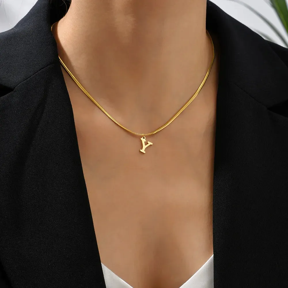 Alphabet Gold Plated Stainless Steel Pendant Necklace for Women Snake Chain Initial Letter Clavicle Necklaces Collar Jewelry