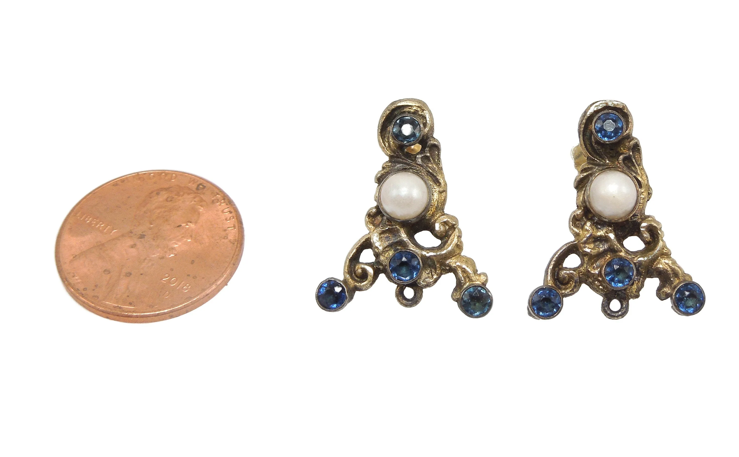 Antique Austro-Hungarian Vermeil Earrings with Sapphires and Pearls
