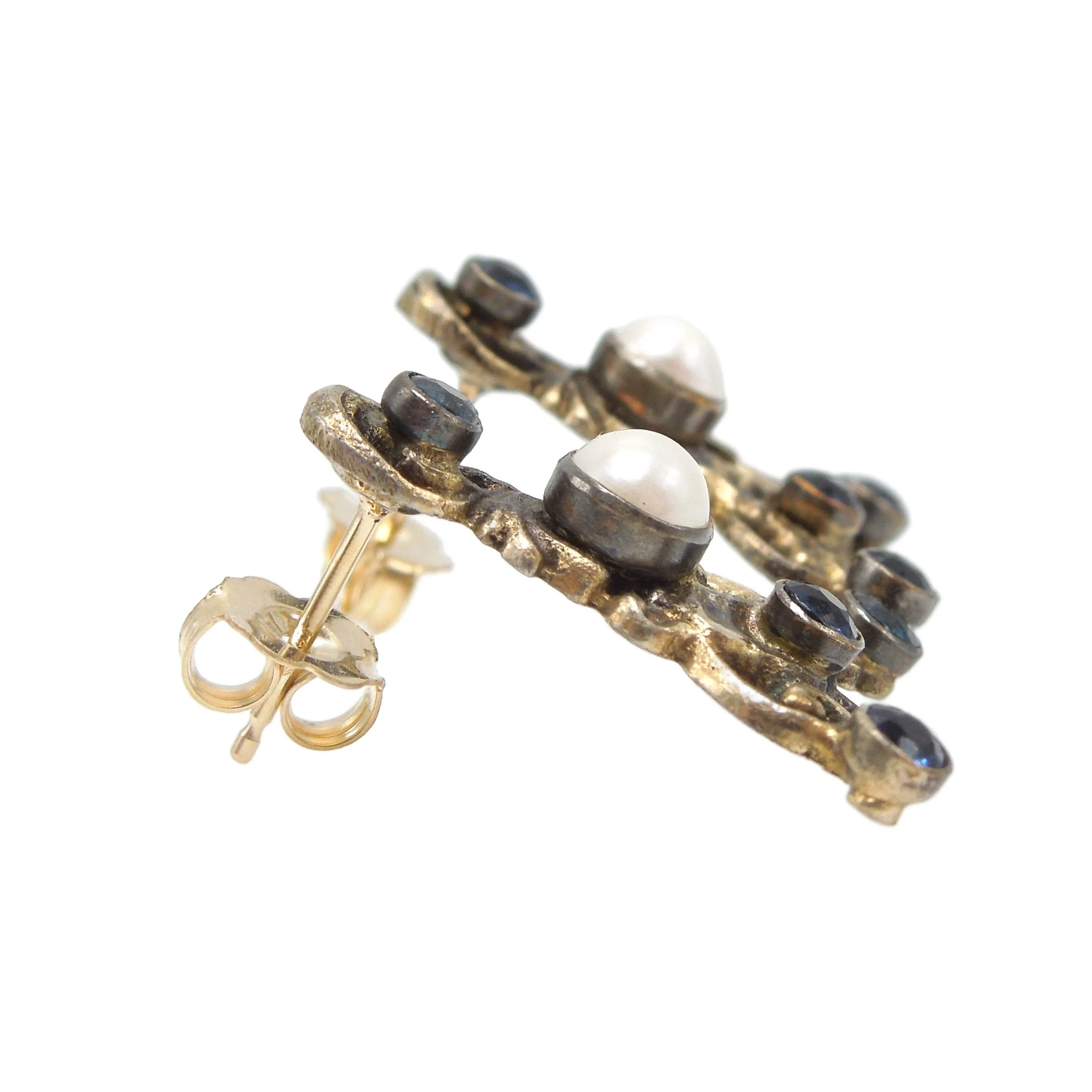 Antique Austro-Hungarian Vermeil Earrings with Sapphires and Pearls