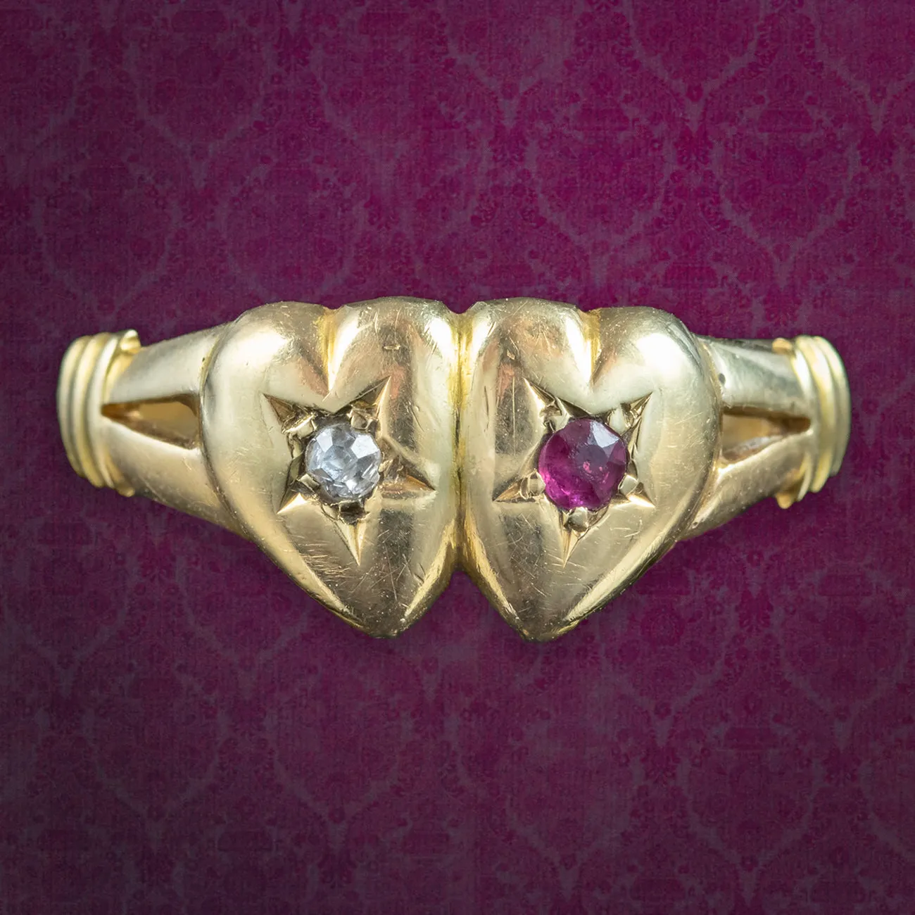 Antique Edwardian Ruby Diamond Entwined Heart Ring Dated 1902