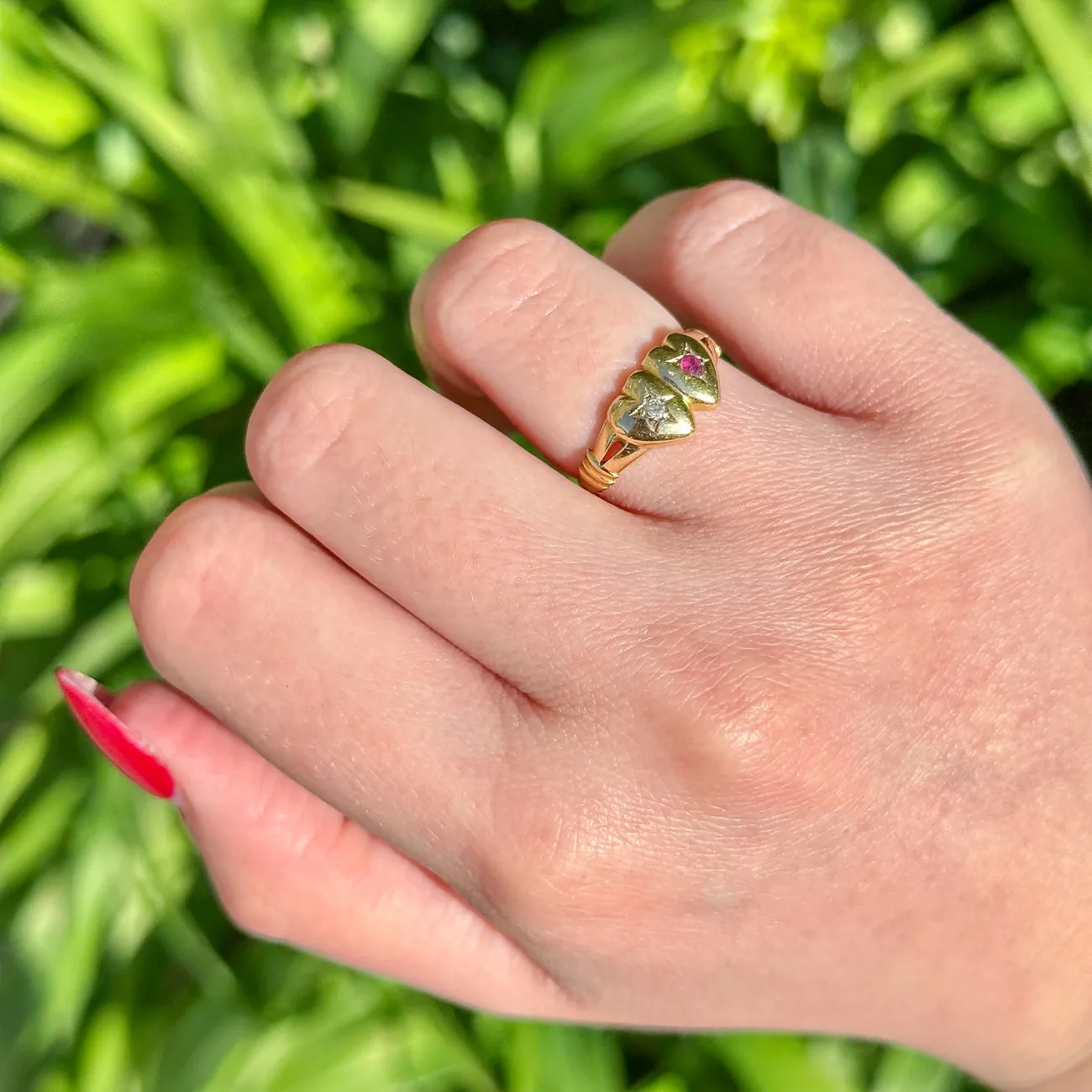 Antique Edwardian Ruby Diamond Entwined Heart Ring Dated 1902