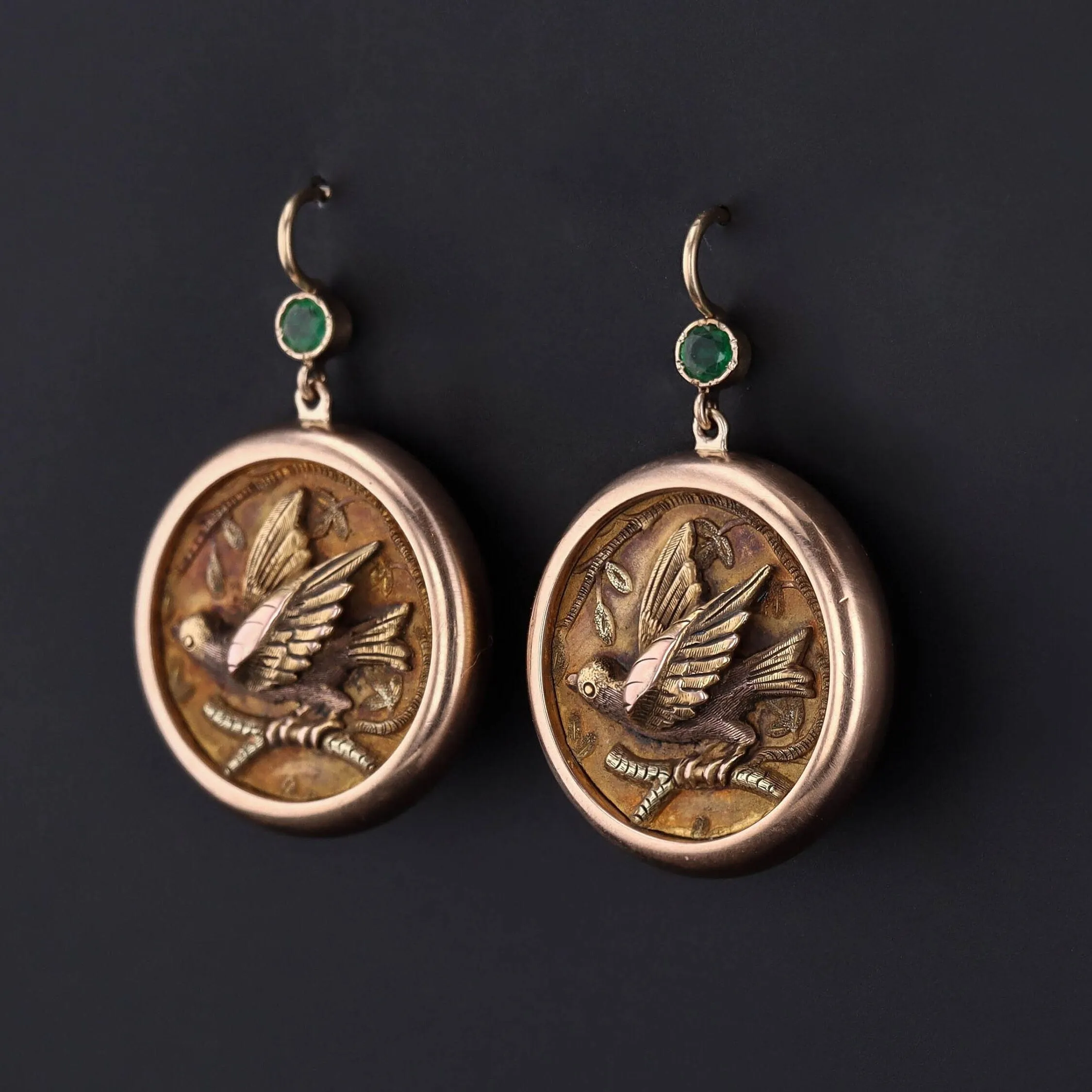 Antique Emerald Bird Conversion Earrings of 14k Gold