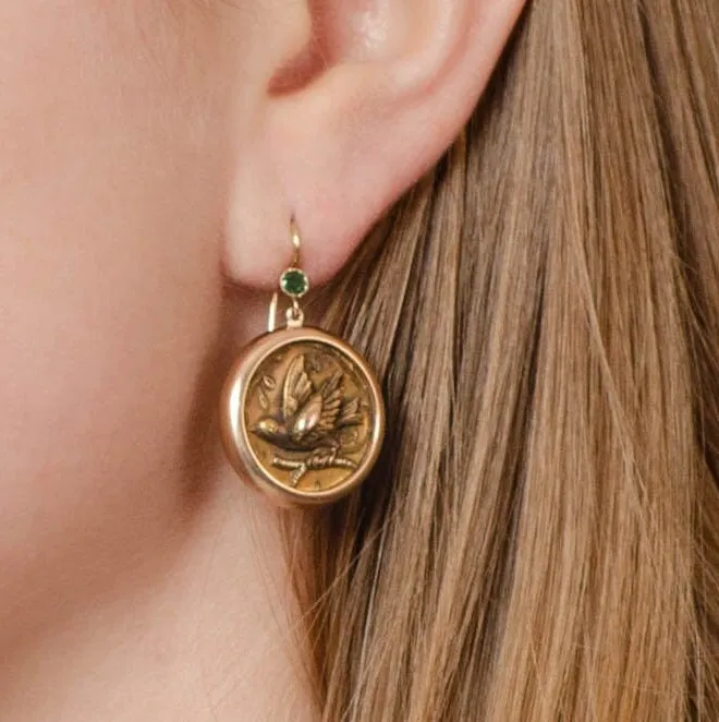 Antique Emerald Bird Conversion Earrings of 14k Gold