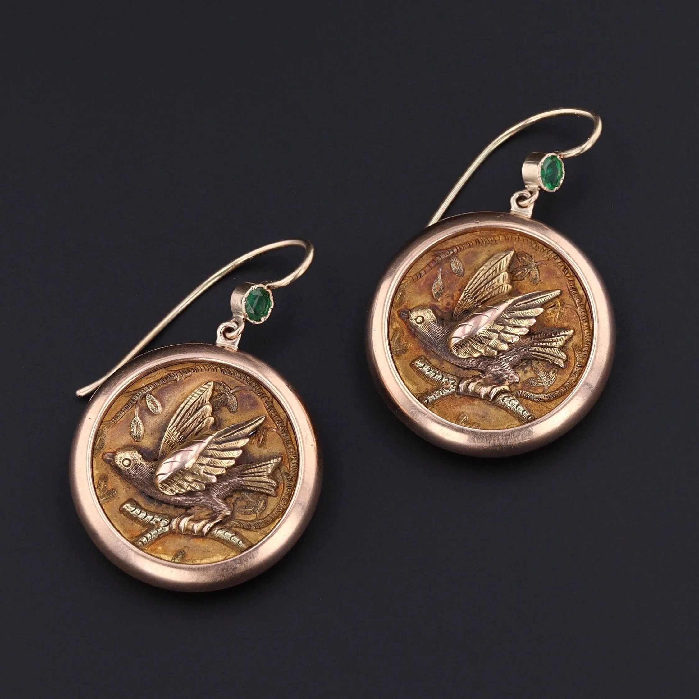 Antique Emerald Bird Conversion Earrings of 14k Gold