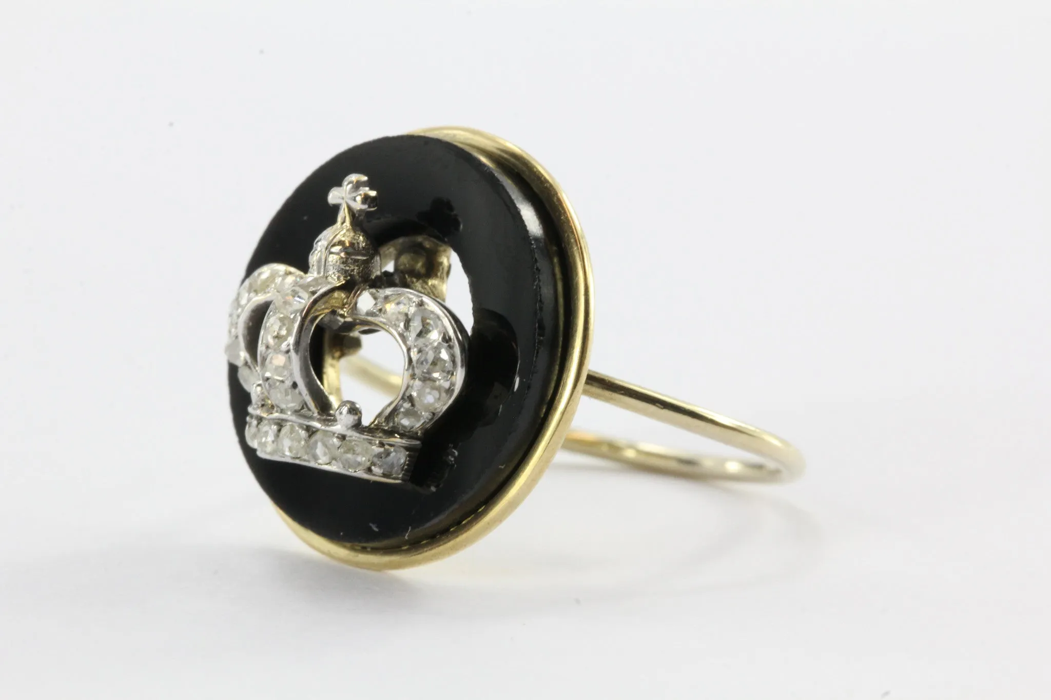 Antique Victorian 18K Rose Cut Diamond & Onyx Royal Crown Signet Conversion Ring