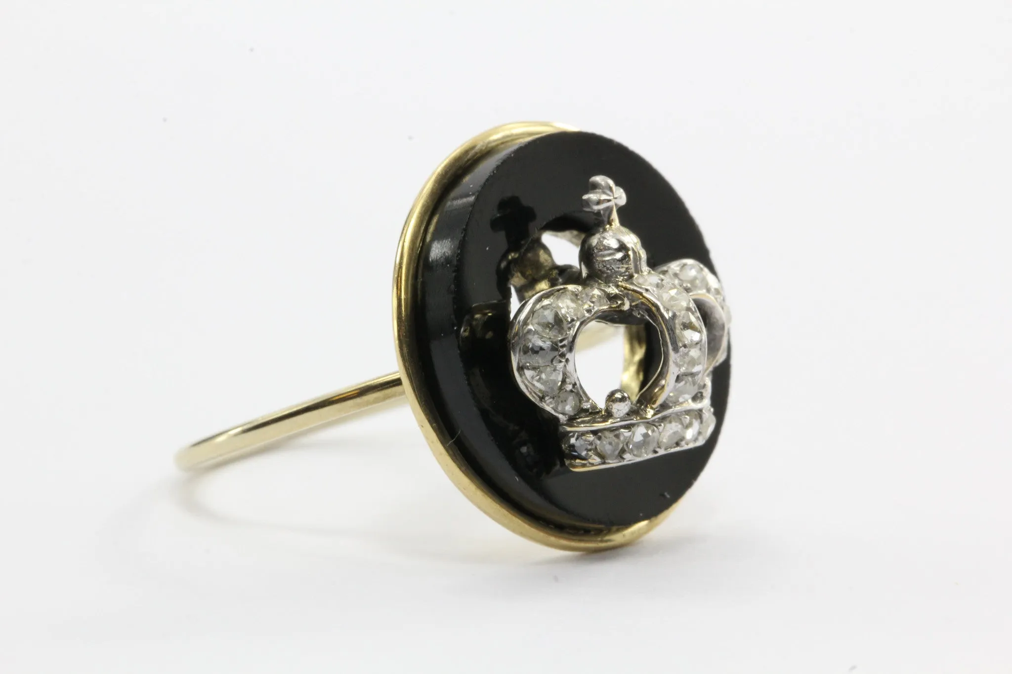 Antique Victorian 18K Rose Cut Diamond & Onyx Royal Crown Signet Conversion Ring