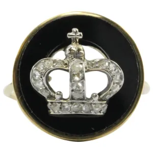 Antique Victorian 18K Rose Cut Diamond & Onyx Royal Crown Signet Conversion Ring