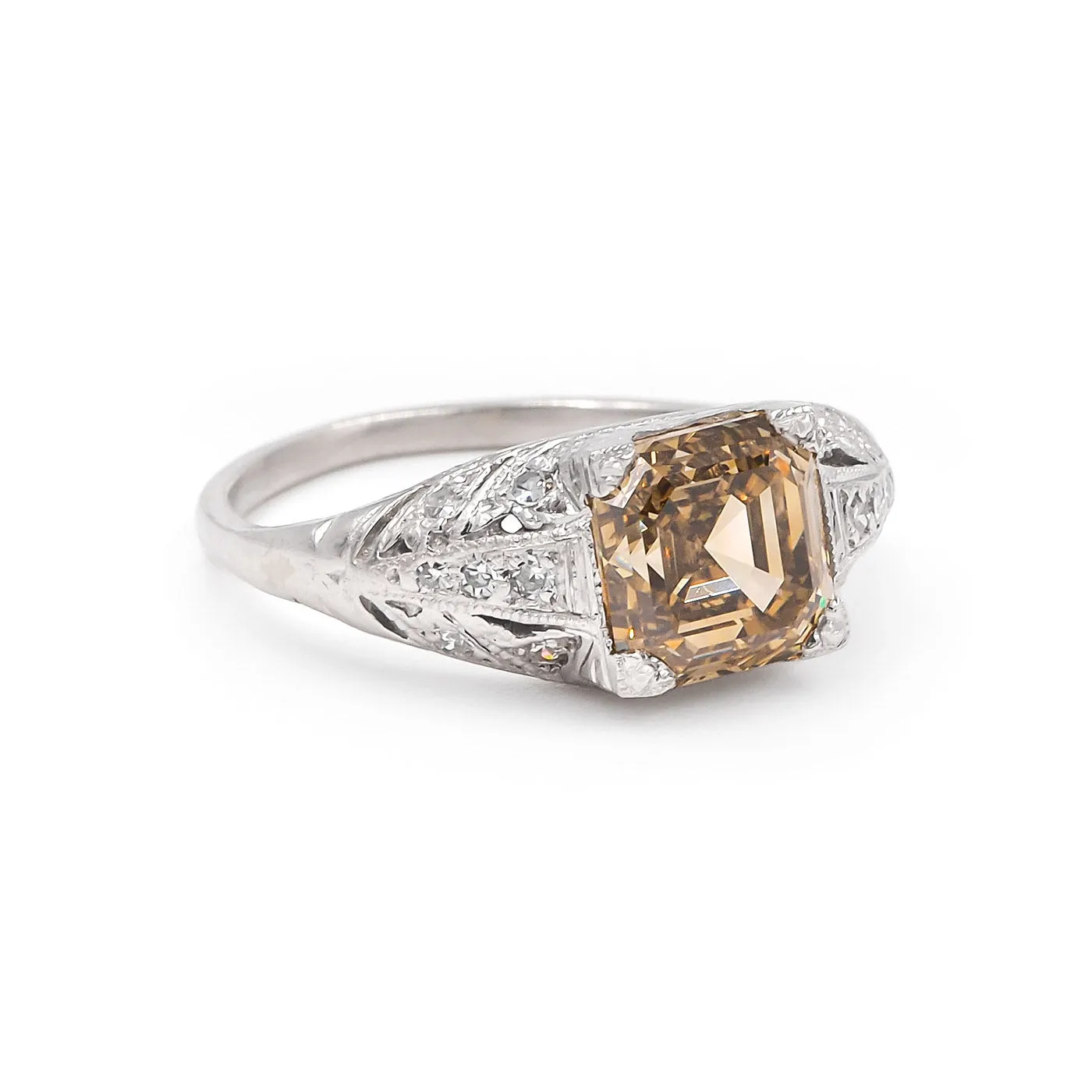 Art Deco 2.38 Ct. Fancy Brownish Yellow Asscher Cut Diamond Engagement Ring