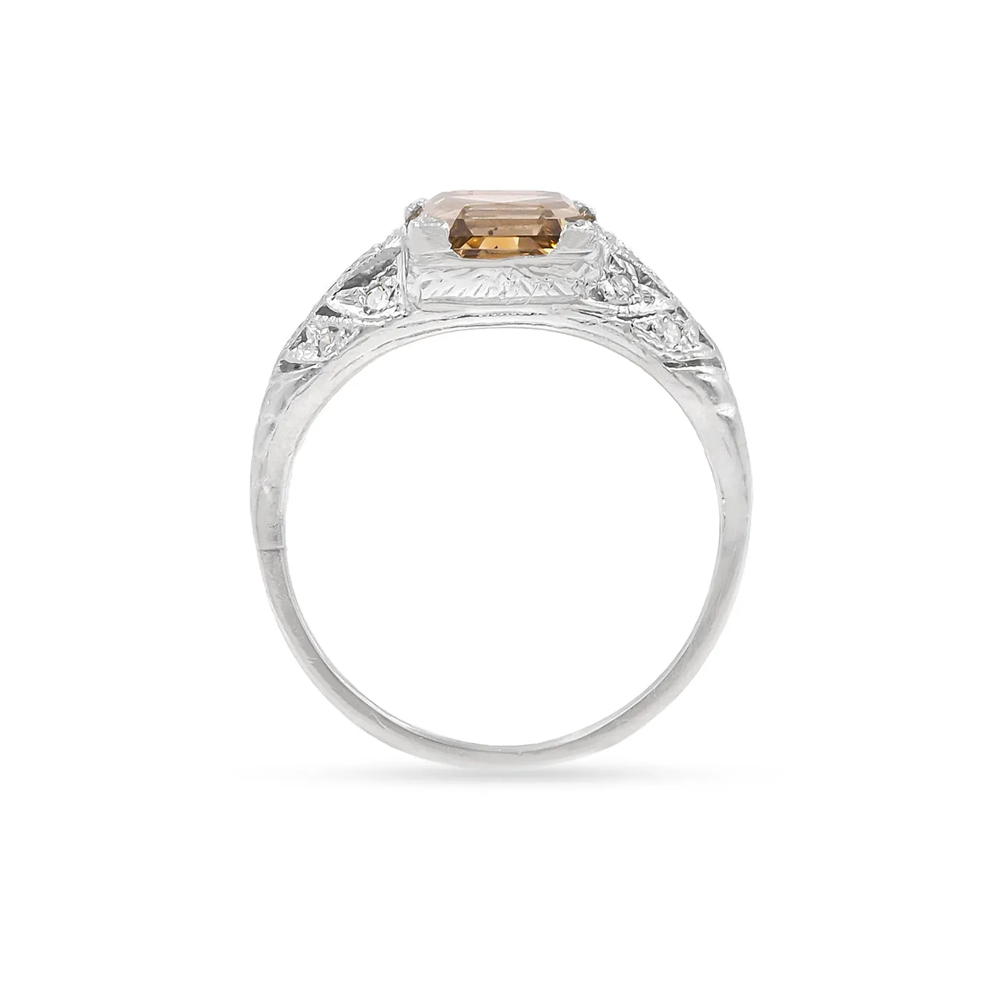 Art Deco 2.38 Ct. Fancy Brownish Yellow Asscher Cut Diamond Engagement Ring