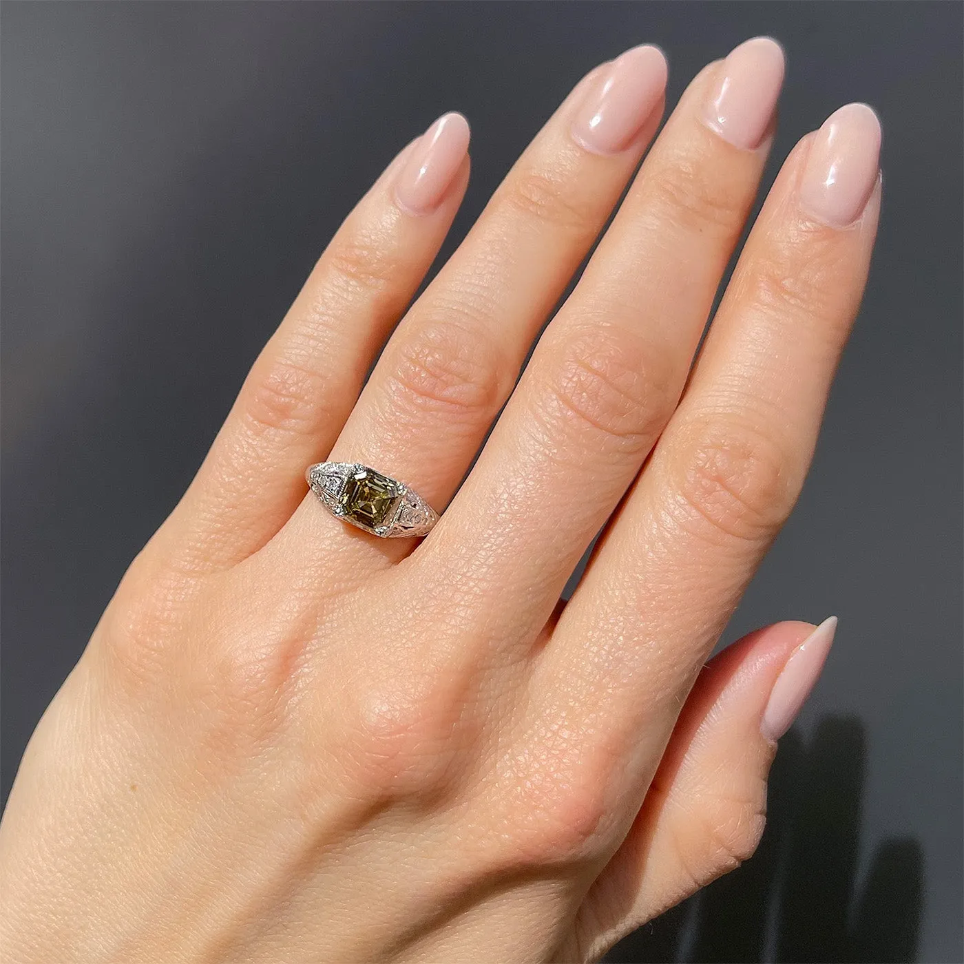 Art Deco 2.38 Ct. Fancy Brownish Yellow Asscher Cut Diamond Engagement Ring