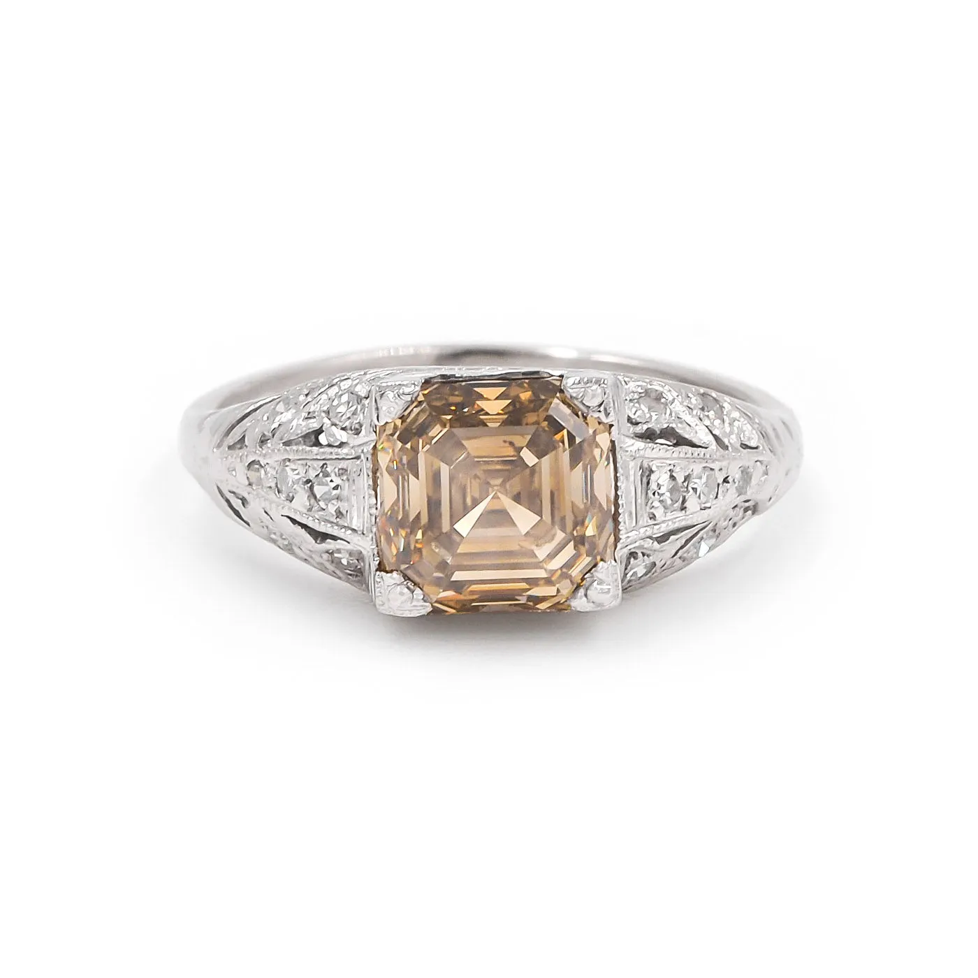 Art Deco 2.38 Ct. Fancy Brownish Yellow Asscher Cut Diamond Engagement Ring