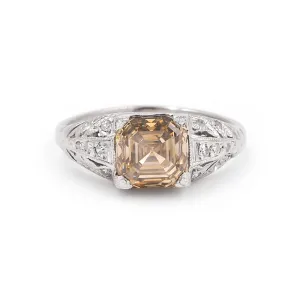 Art Deco 2.38 Ct. Fancy Brownish Yellow Asscher Cut Diamond Engagement Ring
