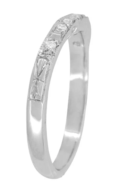 Art Deco Carved Contoured Diamond Wedding Ring in Platinum