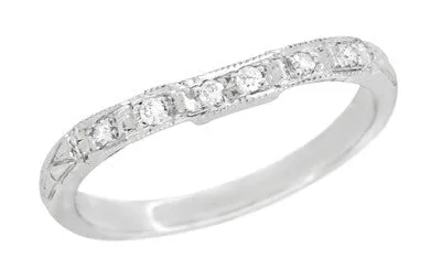 Art Deco Carved Contoured Diamond Wedding Ring in Platinum