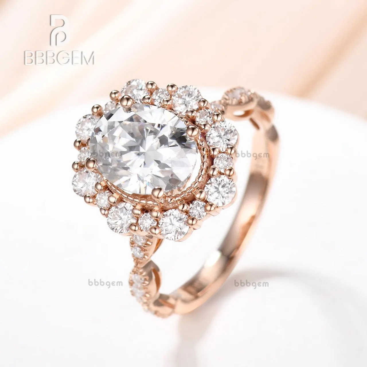 Art Deco Moissanite Engagement Ring 2CT Oval Cut Moissanite Wedding Band Rose Gold
