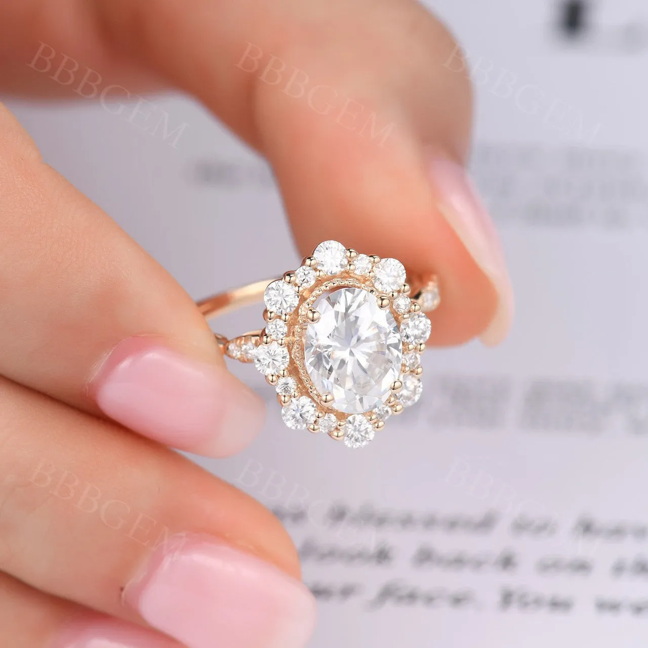 Art Deco Moissanite Engagement Ring 2CT Oval Cut Moissanite Wedding Band Rose Gold