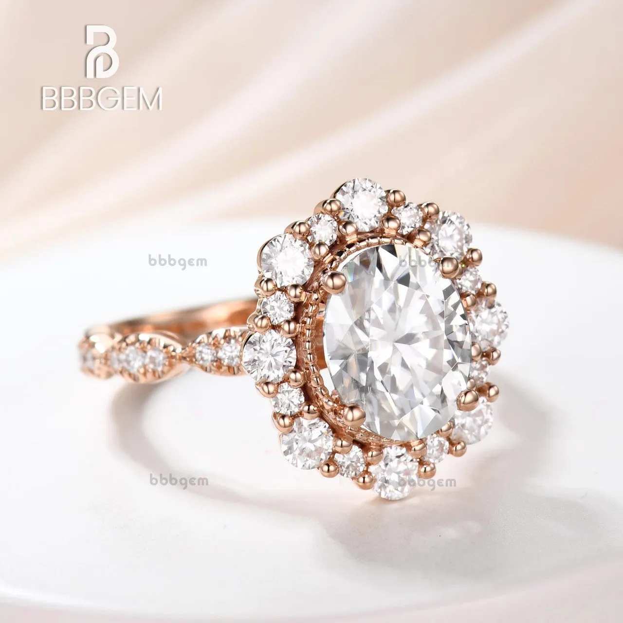 Art Deco Moissanite Engagement Ring 2CT Oval Cut Moissanite Wedding Band Rose Gold