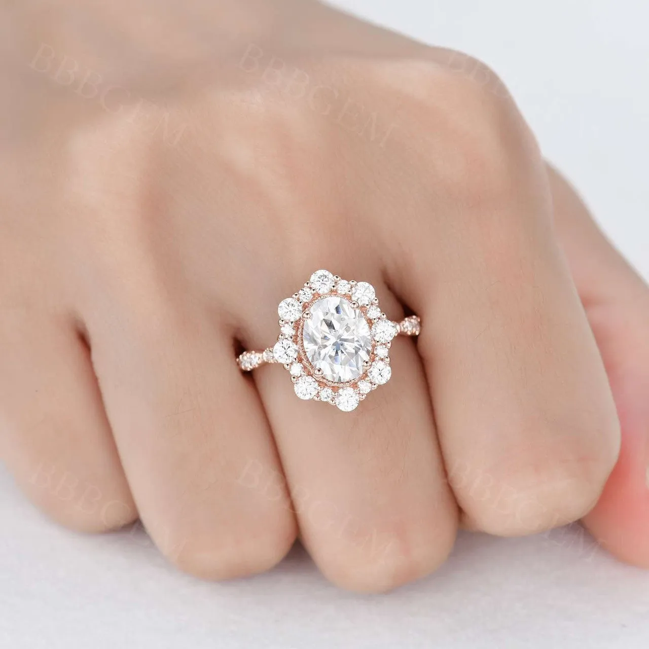 Art Deco Moissanite Engagement Ring 2CT Oval Cut Moissanite Wedding Band Rose Gold