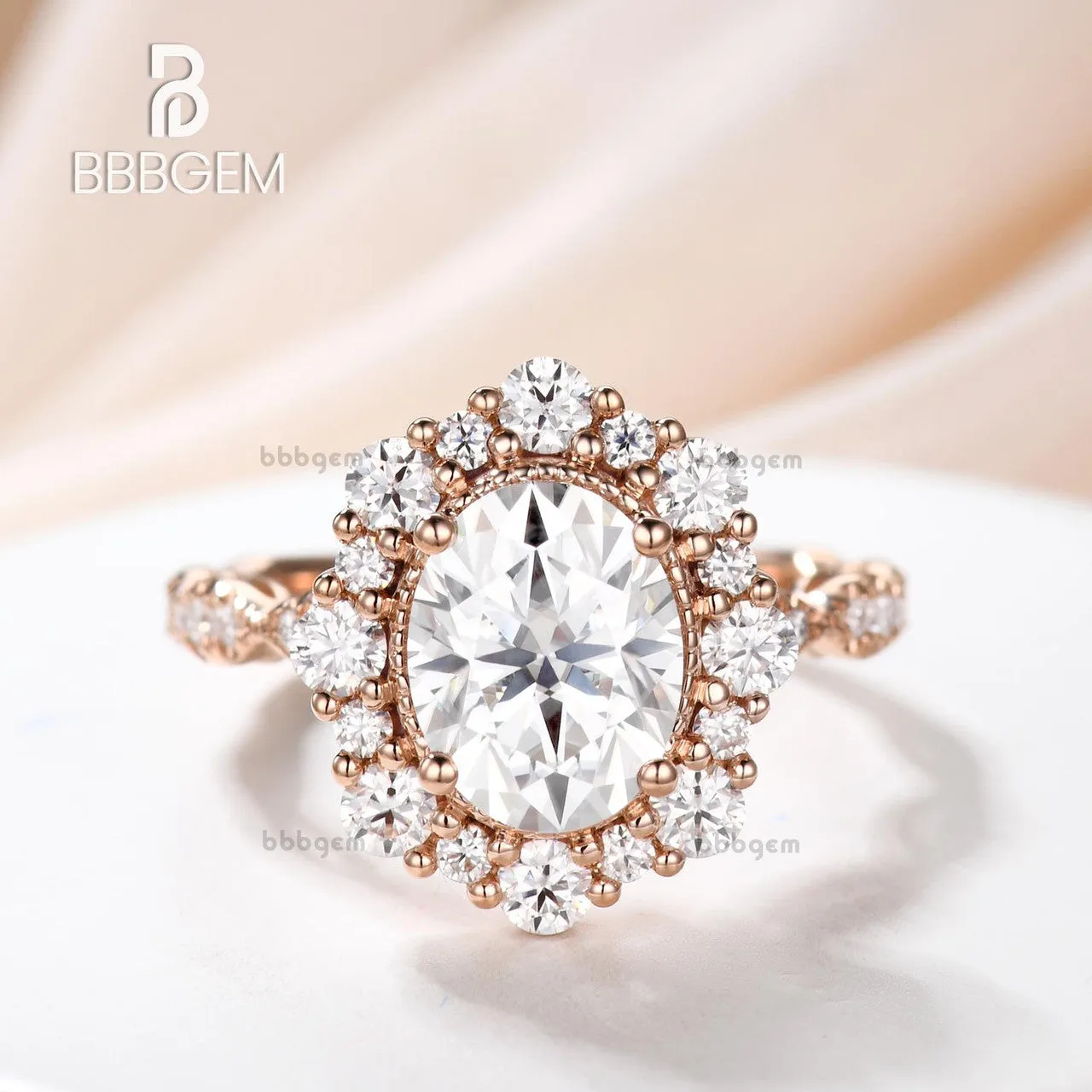Art Deco Moissanite Engagement Ring 2CT Oval Cut Moissanite Wedding Band Rose Gold