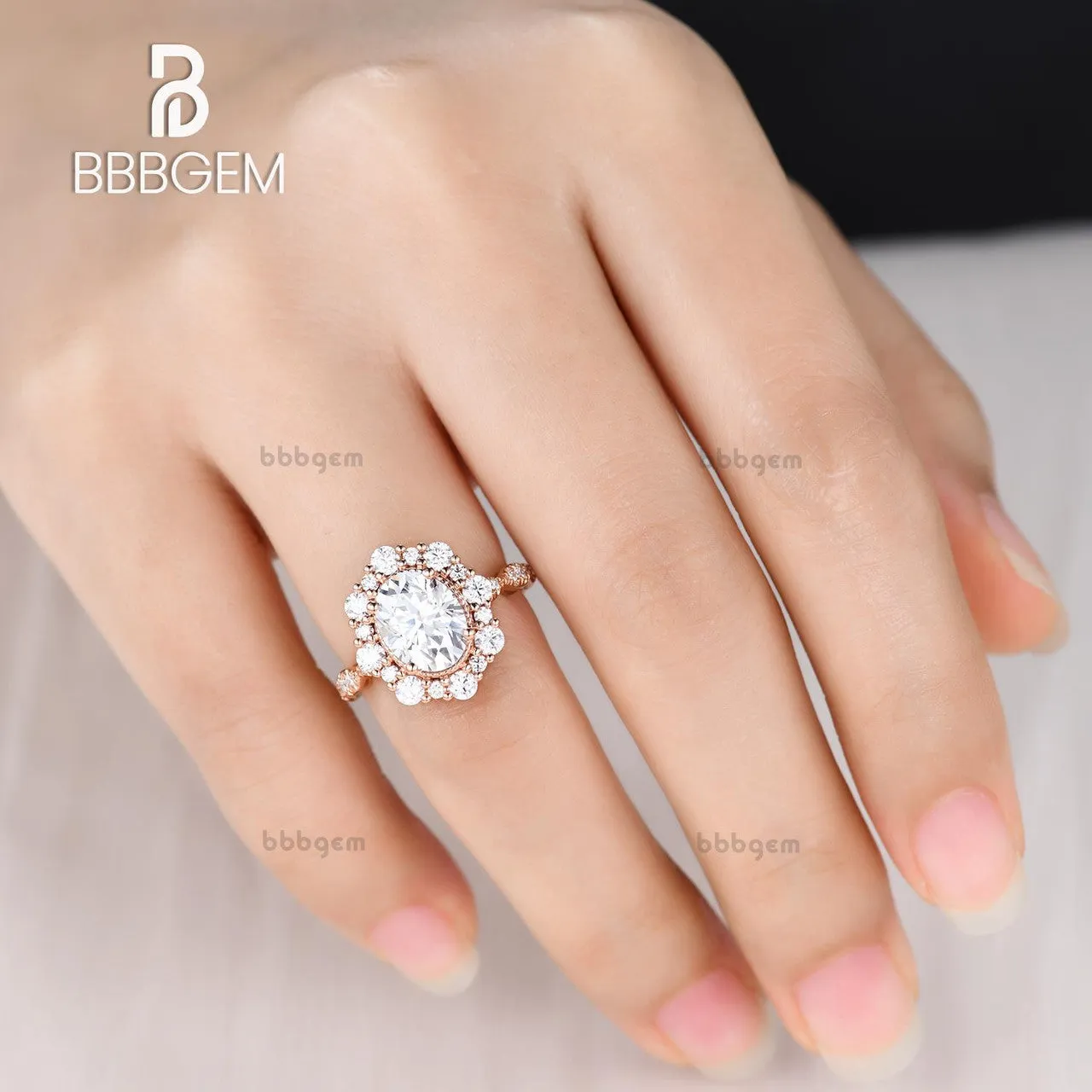 Art Deco Moissanite Engagement Ring 2CT Oval Cut Moissanite Wedding Band Rose Gold