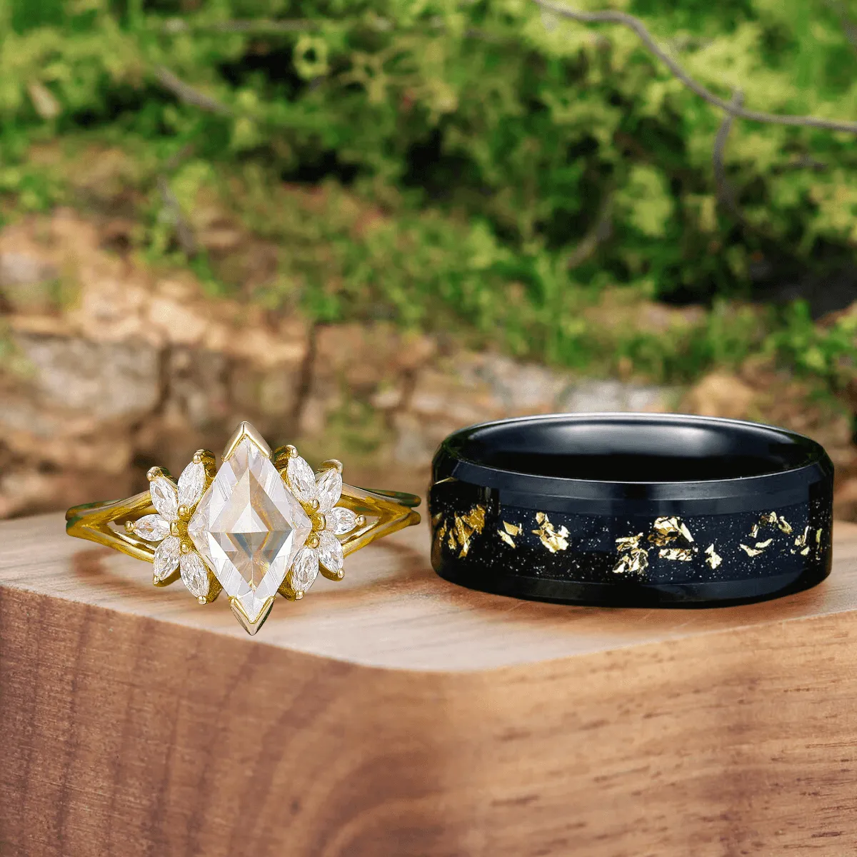 Art Deco Petal Moissanite Engagement His and Hers Wedding Rings Gold Leaf Tungsten Matching Rings