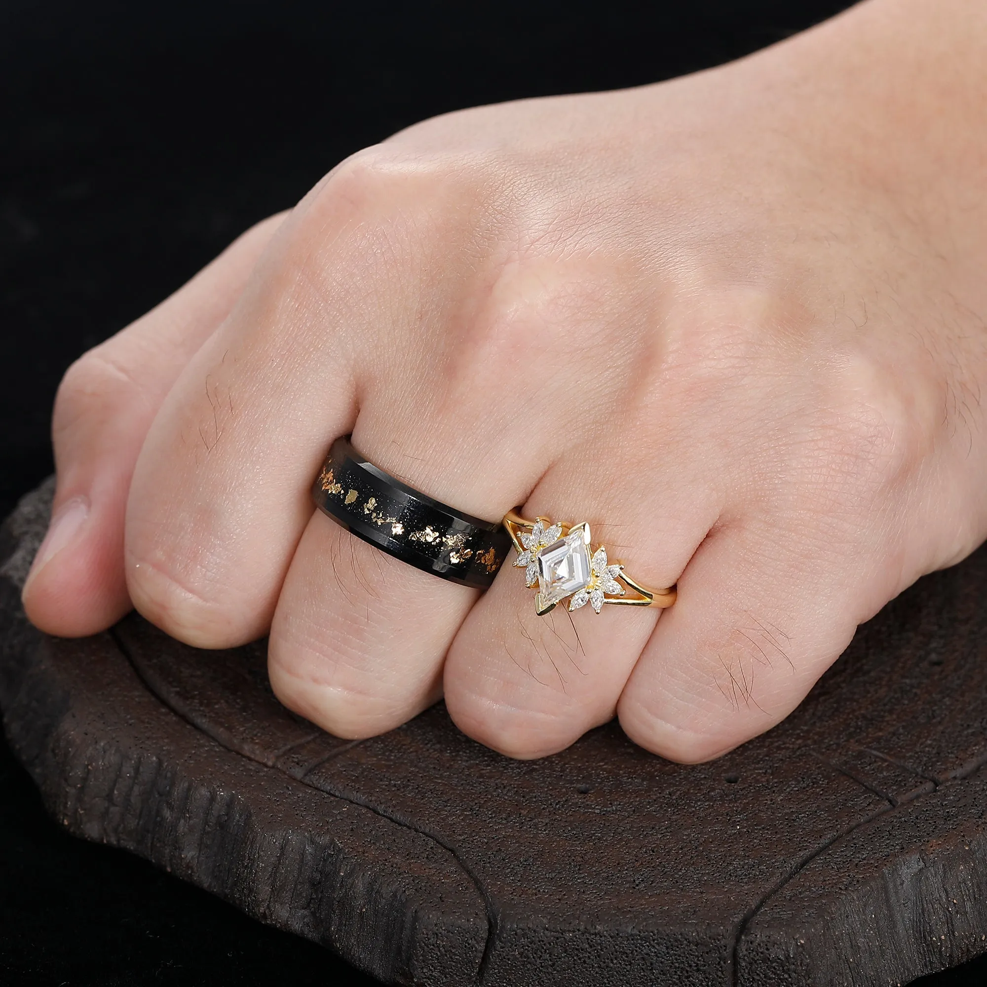 Art Deco Petal Moissanite Engagement His and Hers Wedding Rings Gold Leaf Tungsten Matching Rings