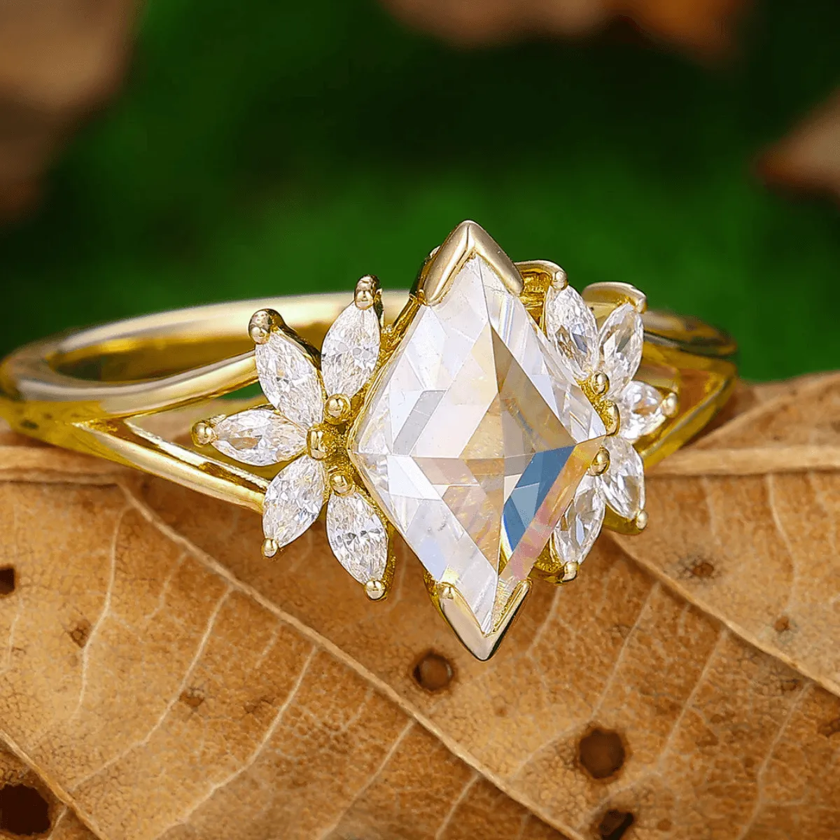 Art Deco Petal Moissanite Engagement His and Hers Wedding Rings Gold Leaf Tungsten Matching Rings
