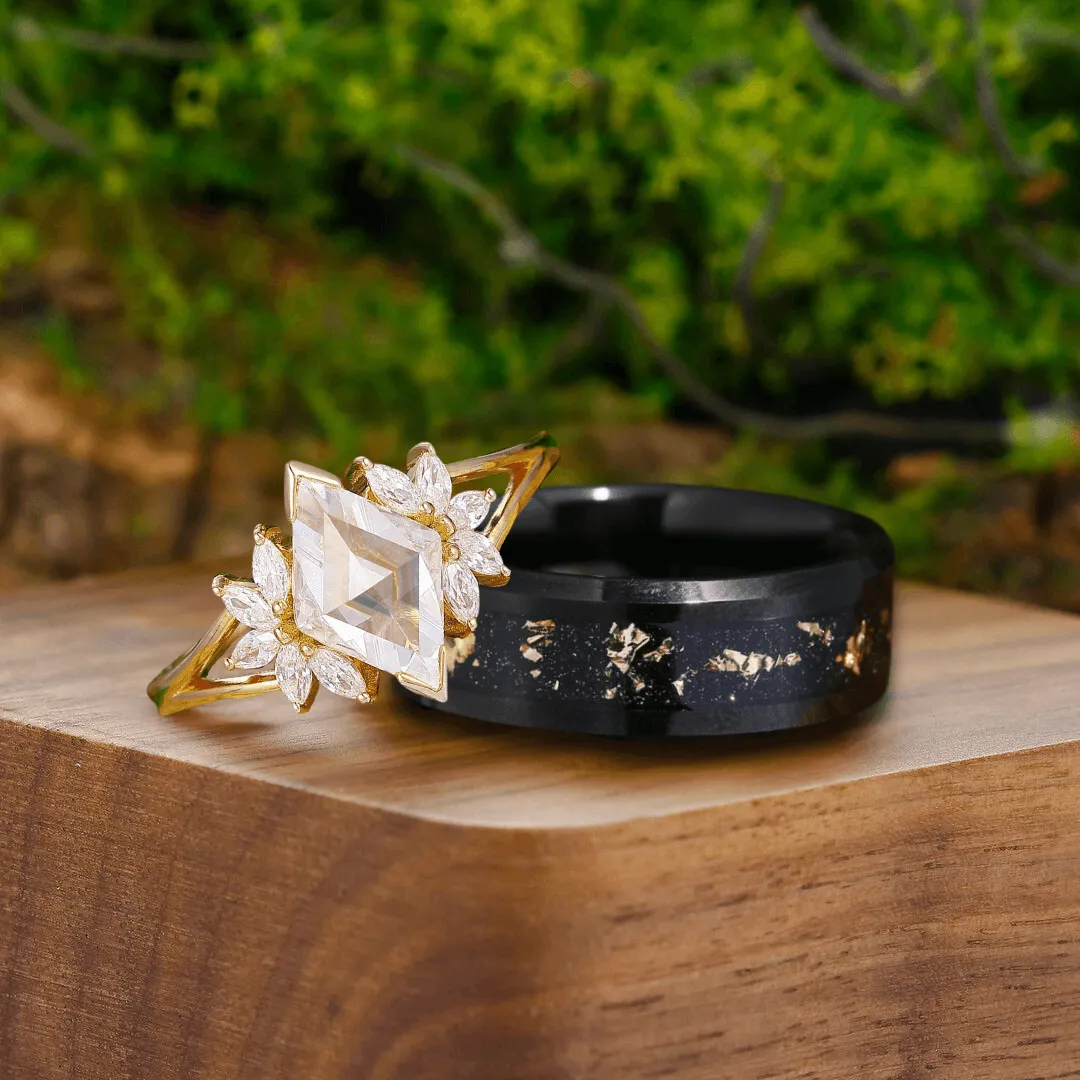 Art Deco Petal Moissanite Engagement His and Hers Wedding Rings Gold Leaf Tungsten Matching Rings
