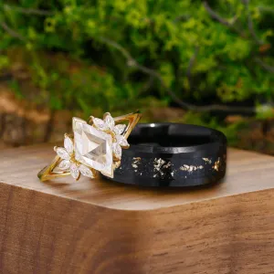 Art Deco Petal Moissanite Engagement His and Hers Wedding Rings Gold Leaf Tungsten Matching Rings
