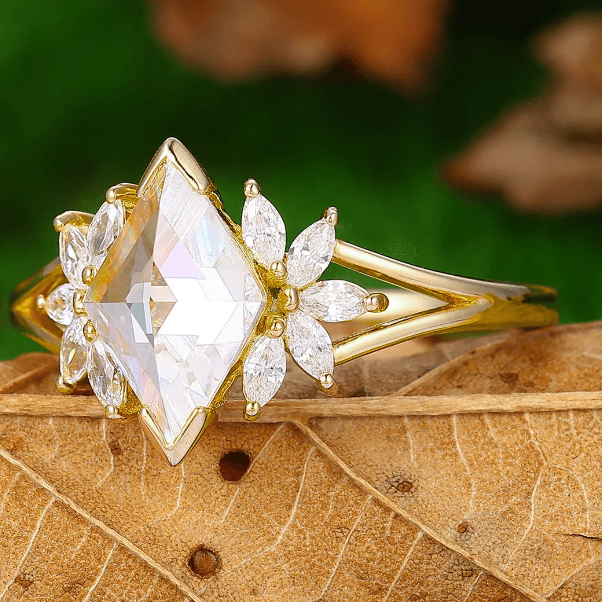 Art Deco Petal Moissanite Engagement His and Hers Wedding Rings Gold Leaf Tungsten Matching Rings