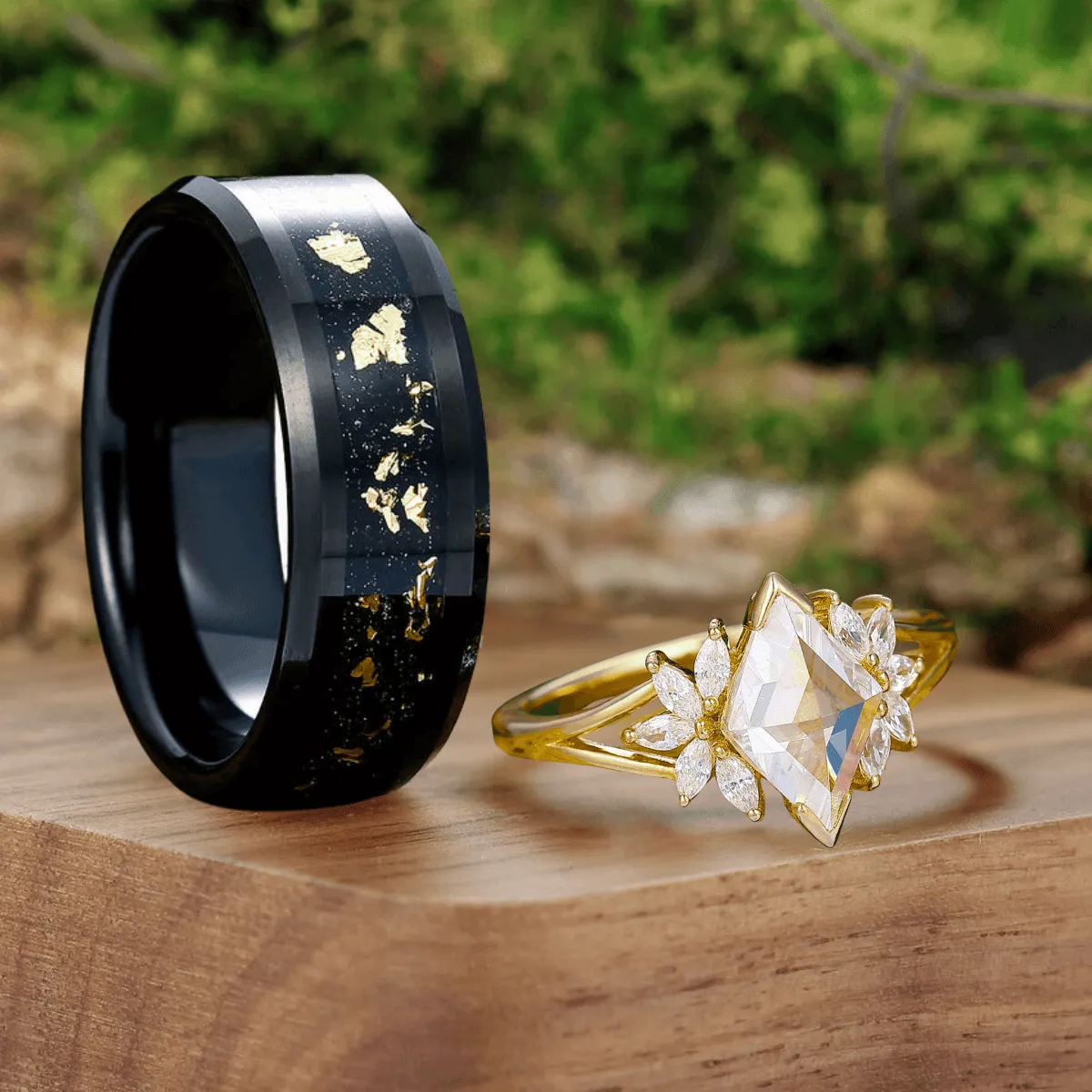 Art Deco Petal Moissanite Engagement His and Hers Wedding Rings Gold Leaf Tungsten Matching Rings