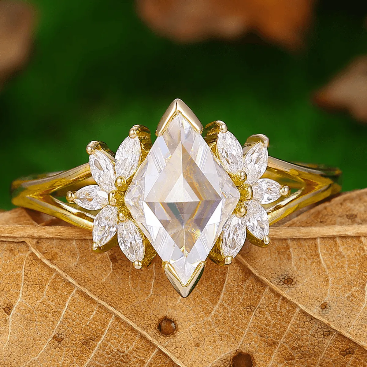 Art Deco Petal Moissanite Engagement His and Hers Wedding Rings Gold Leaf Tungsten Matching Rings