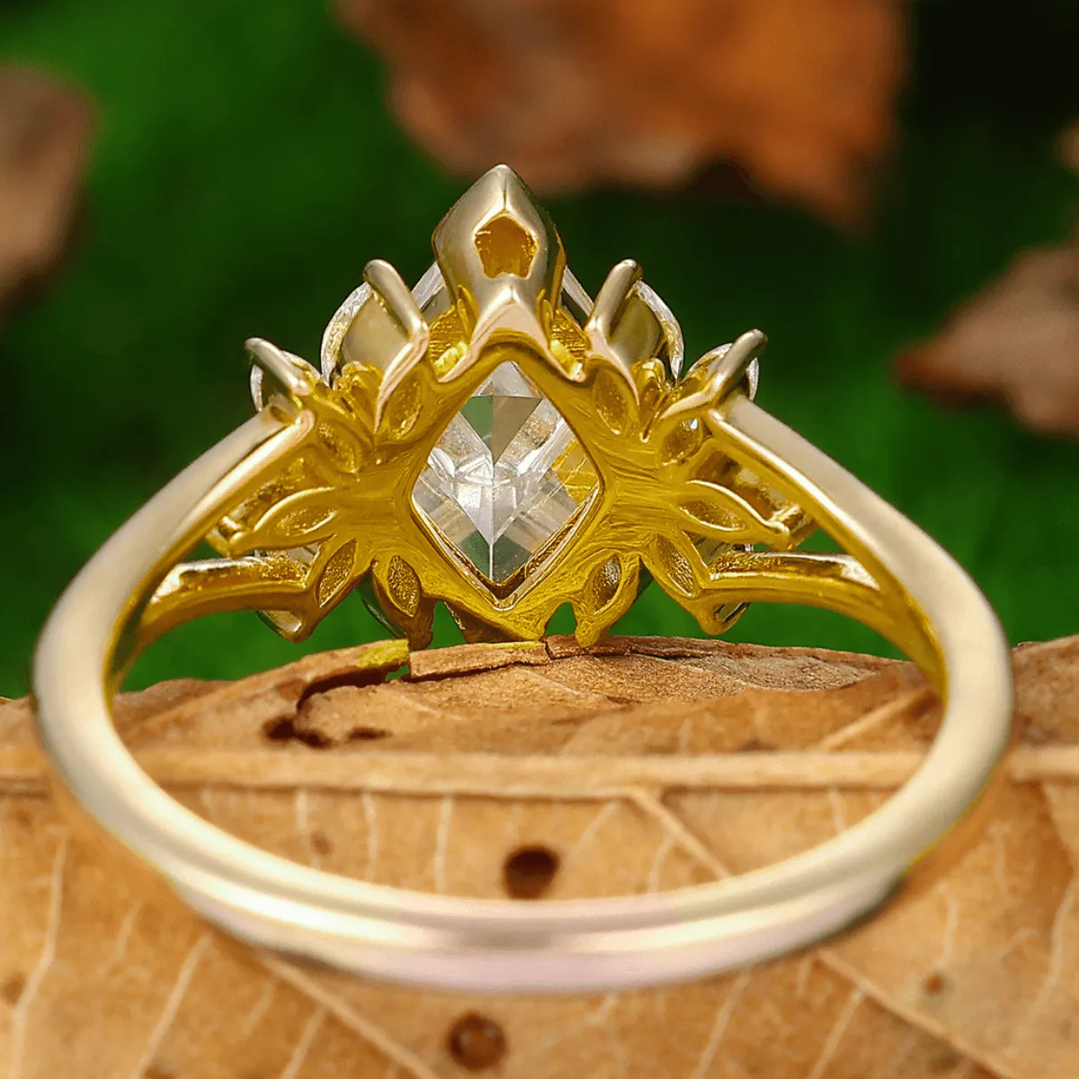 Art Deco Petal Moissanite Engagement His and Hers Wedding Rings Gold Leaf Tungsten Matching Rings