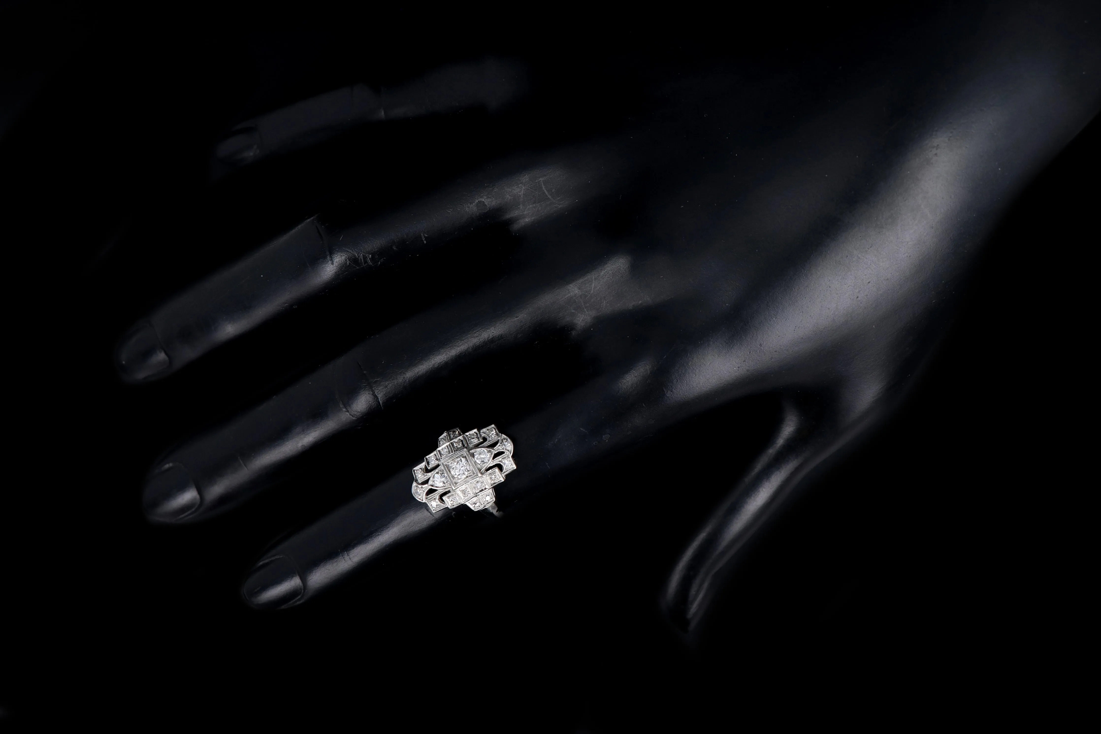 Art Deco Platinum .50 Carat Total Weight Old European Cut Diamond Shield Ring