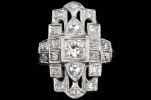 Art Deco Platinum .50 Carat Total Weight Old European Cut Diamond Shield Ring