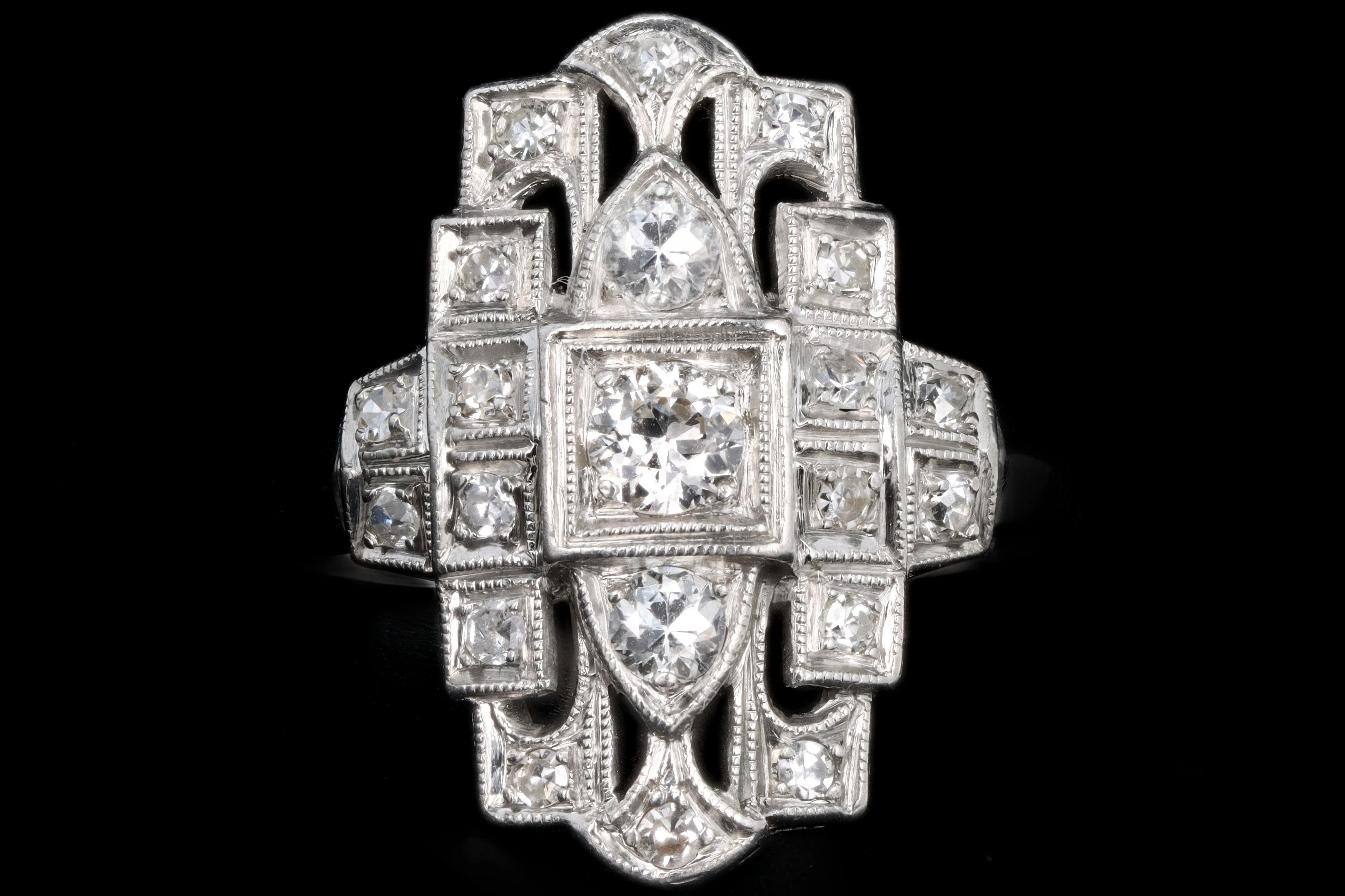 Art Deco Platinum .50 Carat Total Weight Old European Cut Diamond Shield Ring