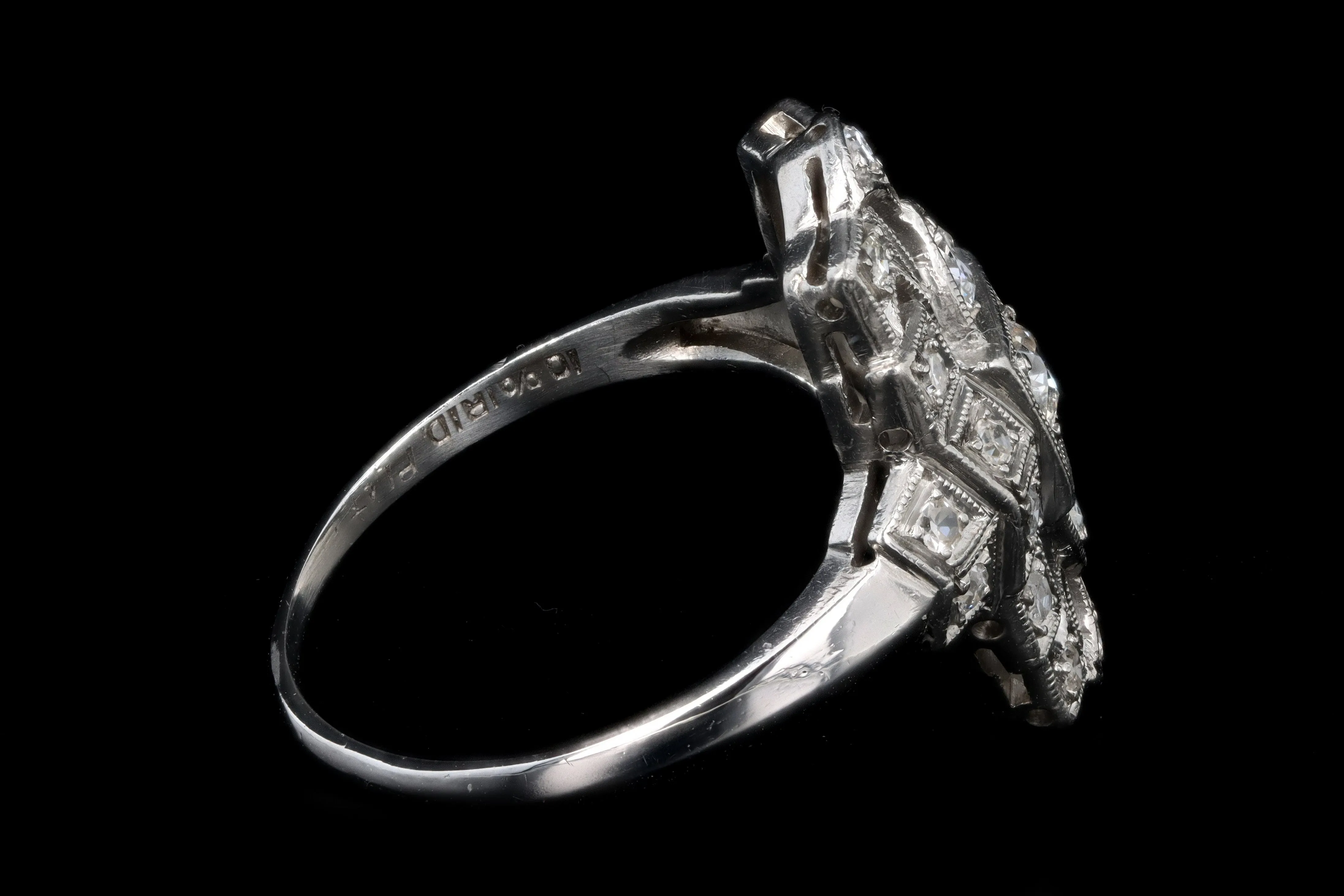 Art Deco Platinum .50 Carat Total Weight Old European Cut Diamond Shield Ring