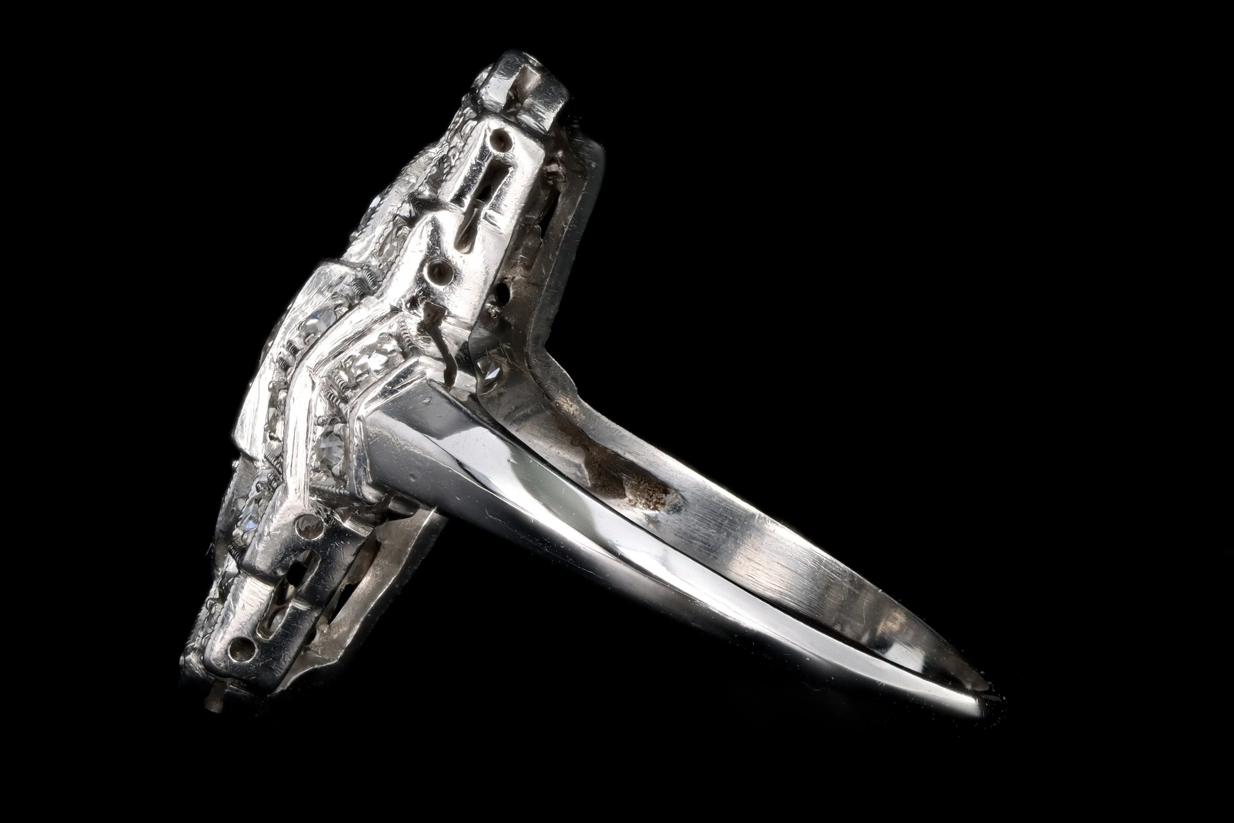 Art Deco Platinum .50 Carat Total Weight Old European Cut Diamond Shield Ring