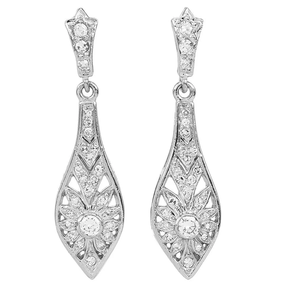 Art Deco Style 18K White Gold Diamond Drop Earrings
