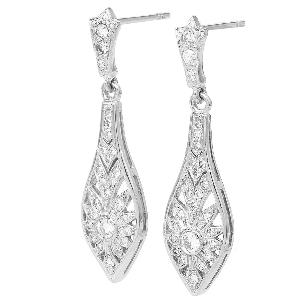 Art Deco Style 18K White Gold Diamond Drop Earrings