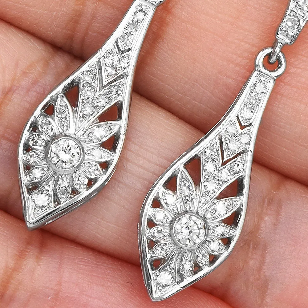 Art Deco Style 18K White Gold Diamond Drop Earrings
