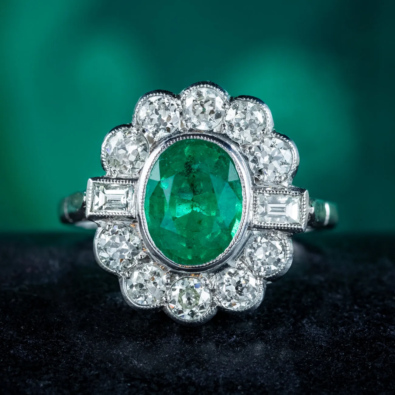 Art Deco Style Emerald Diamond Cluster Ring 2ct Emerald