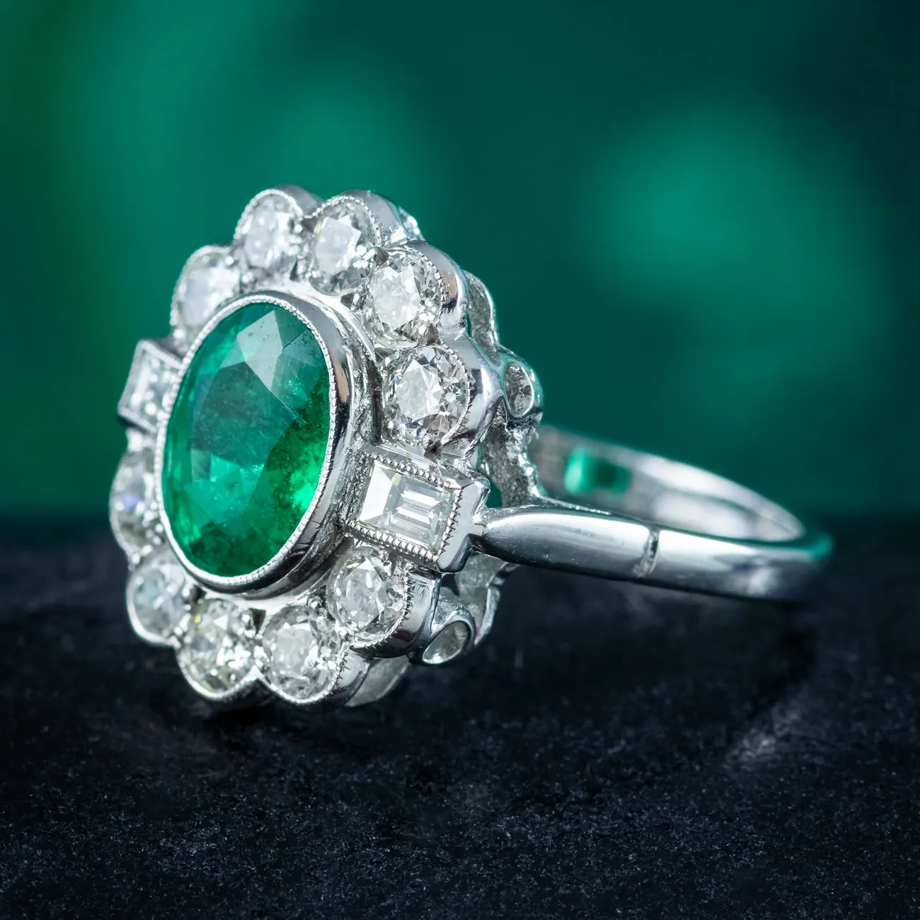 Art Deco Style Emerald Diamond Cluster Ring 2ct Emerald
