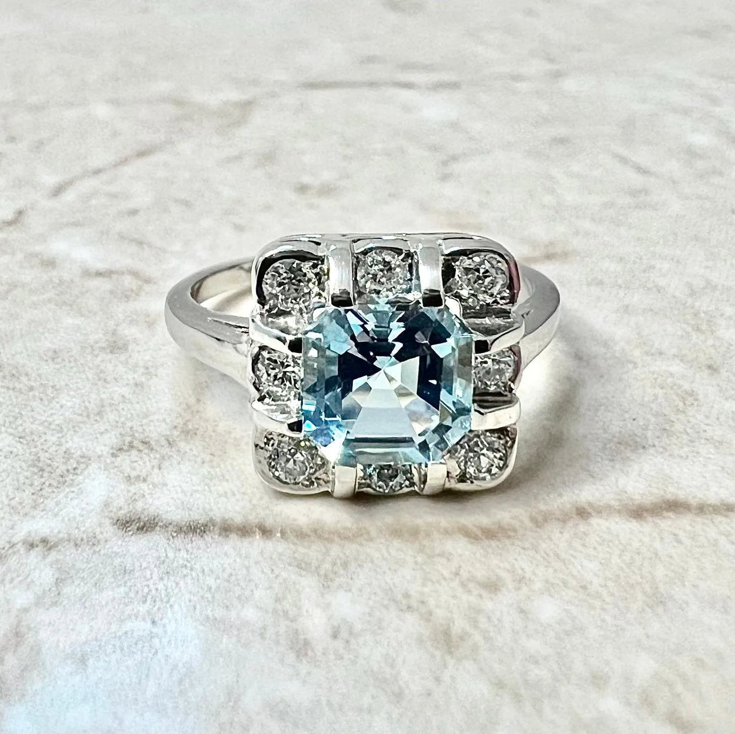 Art Deco Style Platinum Asscher Cut Aquamarine & Diamond Halo Ring