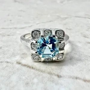 Art Deco Style Platinum Asscher Cut Aquamarine & Diamond Halo Ring
