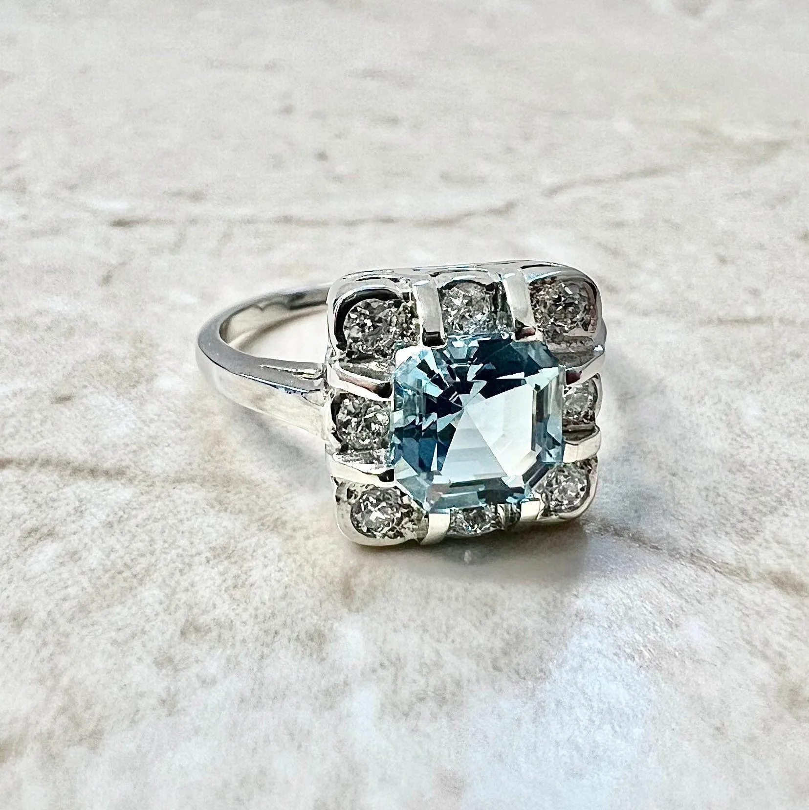 Art Deco Style Platinum Asscher Cut Aquamarine & Diamond Halo Ring