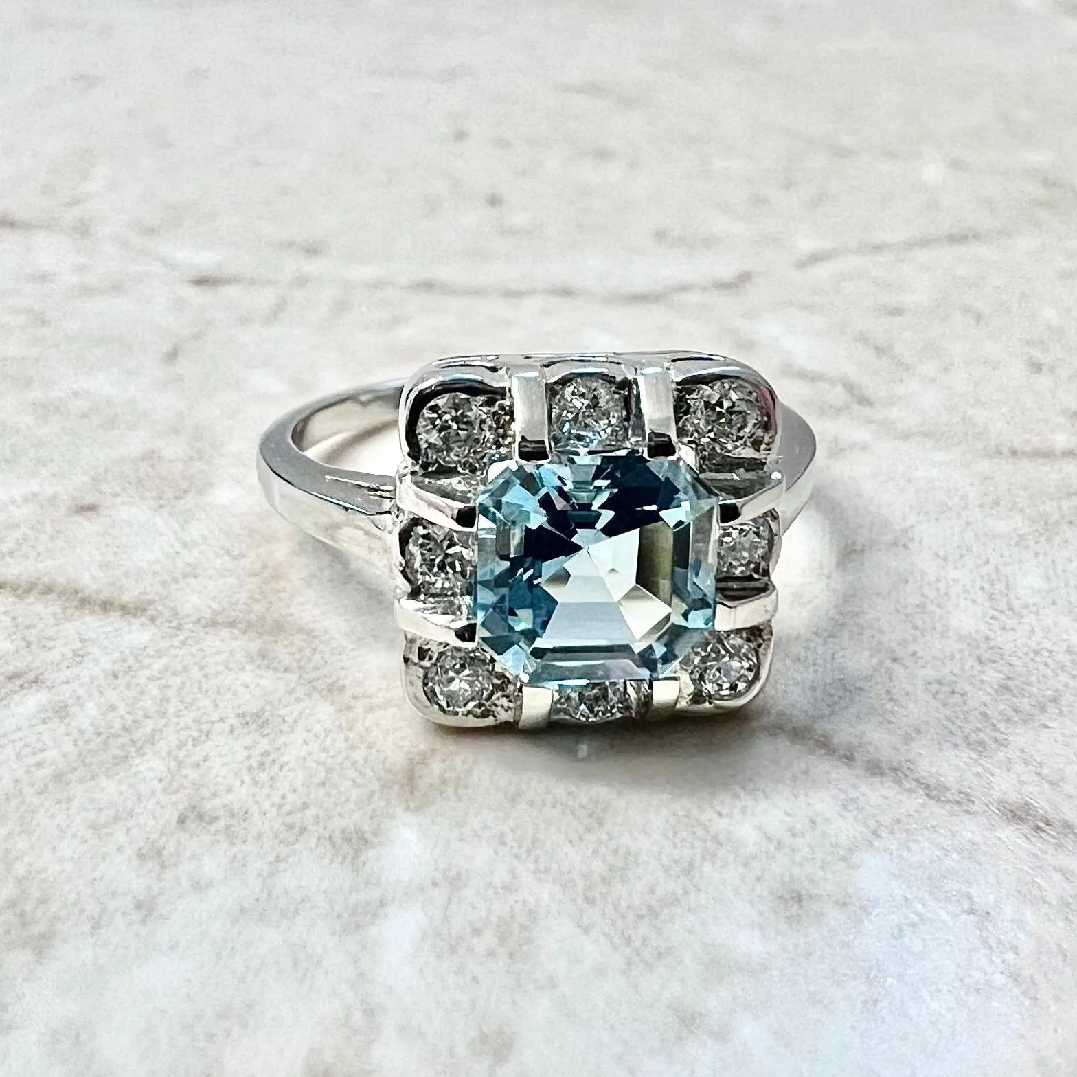 Art Deco Style Platinum Asscher Cut Aquamarine & Diamond Halo Ring