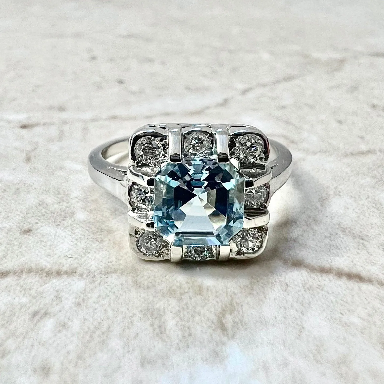 Art Deco Style Platinum Asscher Cut Aquamarine & Diamond Halo Ring