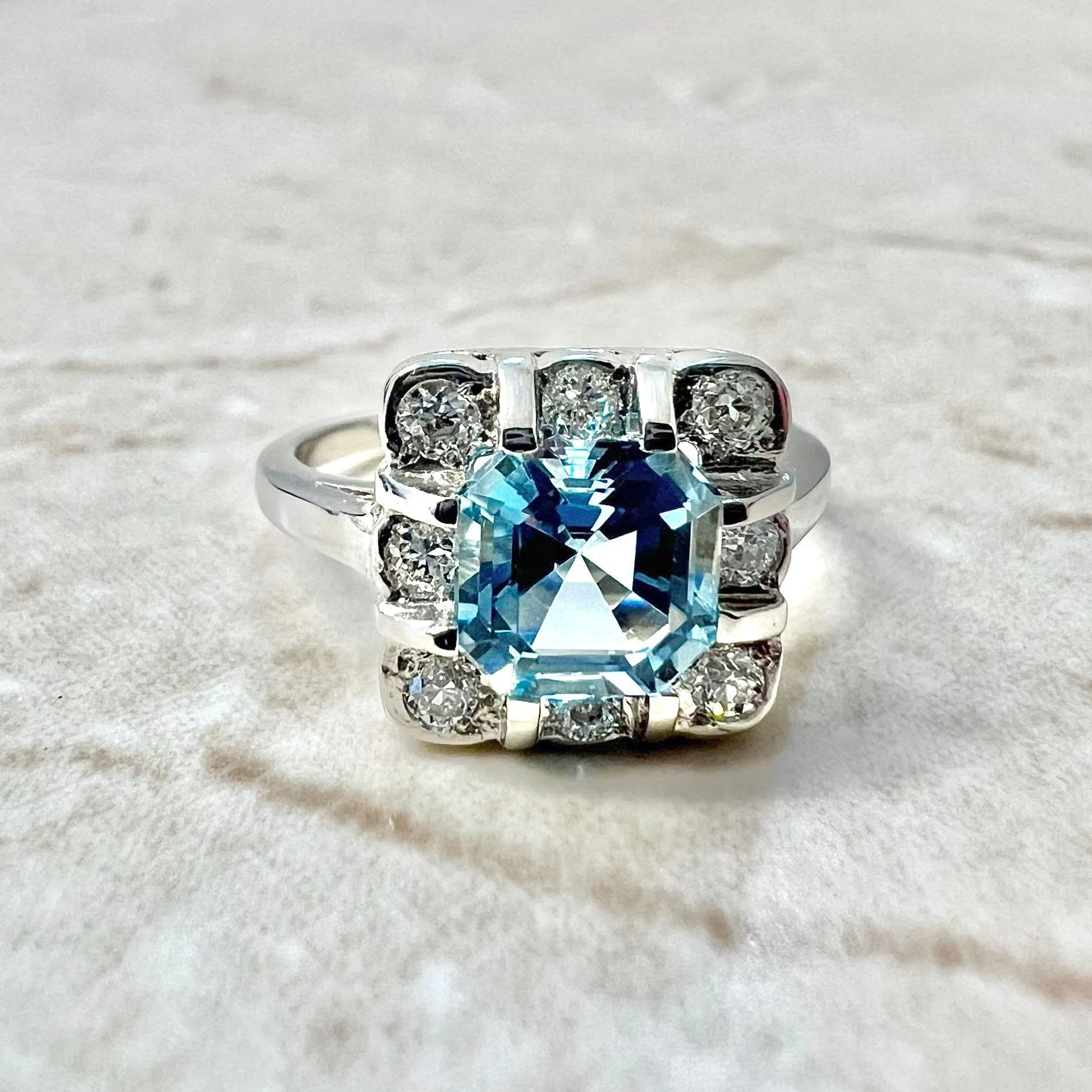 Art Deco Style Platinum Asscher Cut Aquamarine & Diamond Halo Ring