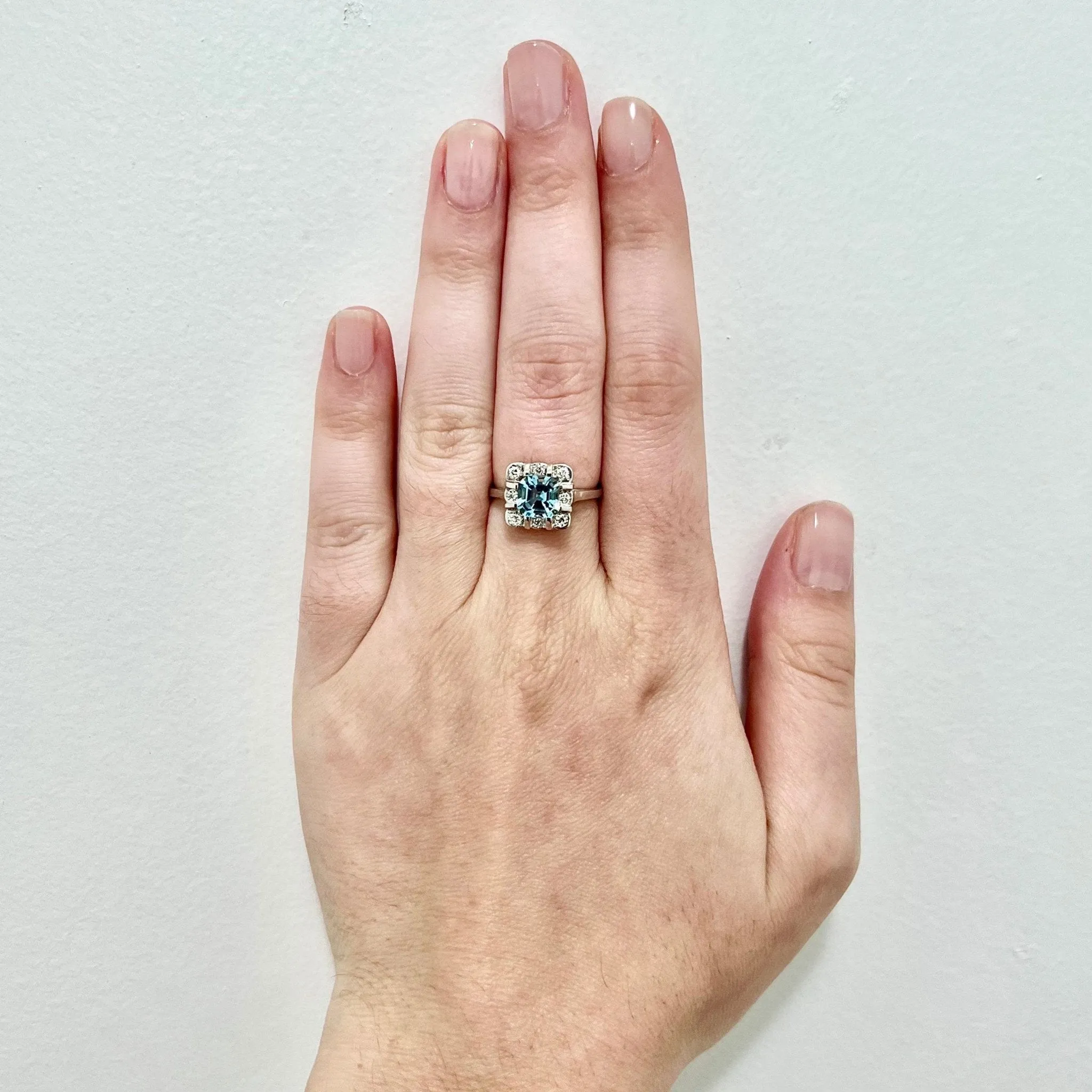 Art Deco Style Platinum Asscher Cut Aquamarine & Diamond Halo Ring
